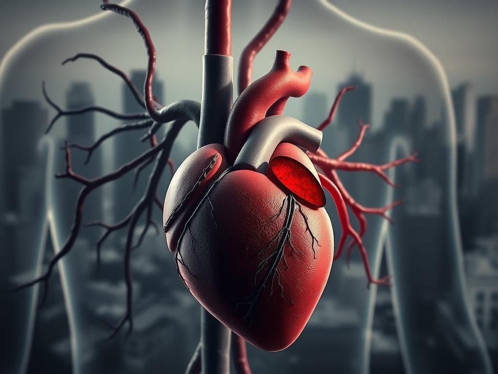 A detailed digital illustration depicting the impact of heart disease on the human cardiovascular system. In the foreground, a stylized anatomical heart model with a pronounced blockage in one of the major arteries, highlighted in deep red tones to convey the severity of the condition. The middle ground features a network of intricate blood vessels, some of which appear constricted and discolored, suggesting the broader effects of the disease. The background showcases a softly blurred, monochromatic cityscape, creating a sense of urban environment and the daily challenges faced by those living with heart disease. The overall lighting is muted and atmospheric, with subtle highlights and shadows to add depth and realism to the scene.