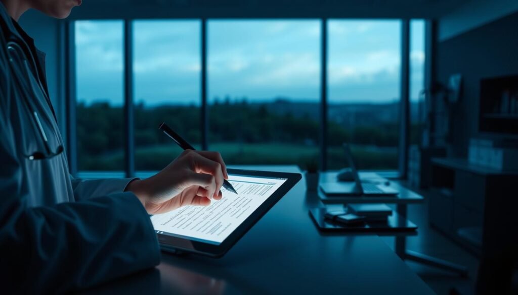 A dimly lit clinical workspace, illuminated by soft, diffused overhead lighting. In the foreground, a healthcare provider's hands gently guide a digital stylus across a tablet screen, effortlessly recording patient notes and observations. The middle ground features a desk with a clean, minimalist design, hosting a laptop, medical files, and other essential tools. In the background, floor-to-ceiling windows offer a serene, calming view of a natural landscape, creating a sense of tranquility and focus. The atmosphere conveys a harmonious blend of technology and human-centric design, facilitating efficient, unobtrusive documentation and workflow automation for the clinician.
