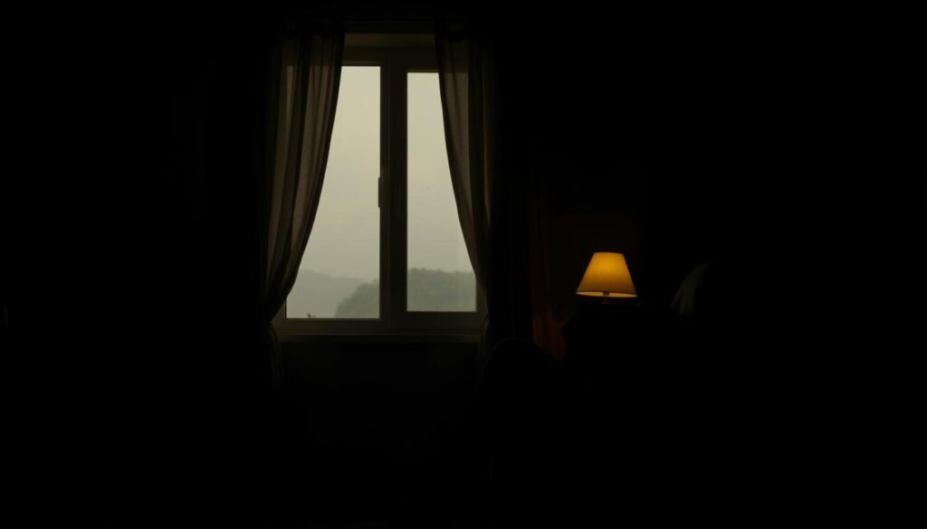 A dimly lit room, illuminated by a warm glow from a single lamp, casting shadows that evoke a sense of introspection and contemplation. In the foreground, a person sits curled up on a chair, their body language conveying a sense of heaviness and emotional strain. The middle ground features a window, partially obscured by curtains, offering a glimpse of the outside world, representing the disconnect between internal and external experiences. The background is a hazy, abstract landscape, with muted colors and a sense of unease, symbolizing the complex and multifaceted nature of mental health challenges. The overall atmosphere is somber, yet there is a glimmer of hope, suggesting the potential for healing and resilience.