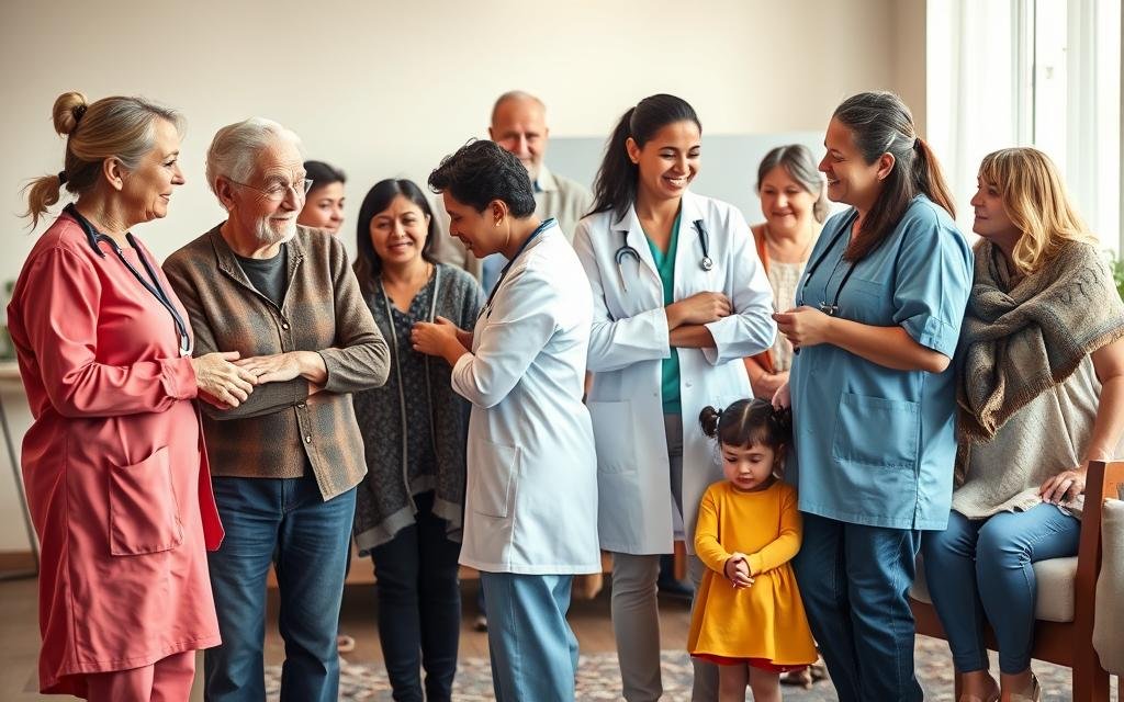 A heartwarming scene of caregivers offering emotional support and comfort to individuals of diverse ages and backgrounds. The foreground depicts a small group of caregivers - a nurse holding the hand of an elderly person, a social worker embracing a young adult, and a counselor guiding a child. They exude empathy, warmth, and a genuine desire to uplift and empower. The middle ground showcases a diverse representation of care recipients, each with their own unique story and need. The background setting is a serene, calming environment, perhaps a community center or counseling office, with soft lighting and soothing colors that evoke a sense of safety and security. The overall mood is one of compassion, understanding, and the power of human connection to navigate life's challenges.