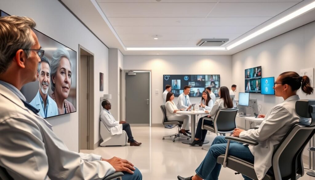 A modern medical office with sleek, minimalist decor. In the foreground, a patient and doctor engage in a virtual consultation, their faces projected on a large, high-resolution display. The doctor wears a crisp white coat, while the patient sits comfortably in an ergonomic chair. The middle ground features a mix of in-person and remote patients, some wearing smart wearables that transmit data to the care team. In the background, a team of healthcare professionals collaborates at a central hub, coordinating care and analyzing real-time patient information. Soft, diffused lighting creates a calming, professional atmosphere. The scene conveys the seamless integration of digital and physical healthcare, delivering a hybrid care experience.