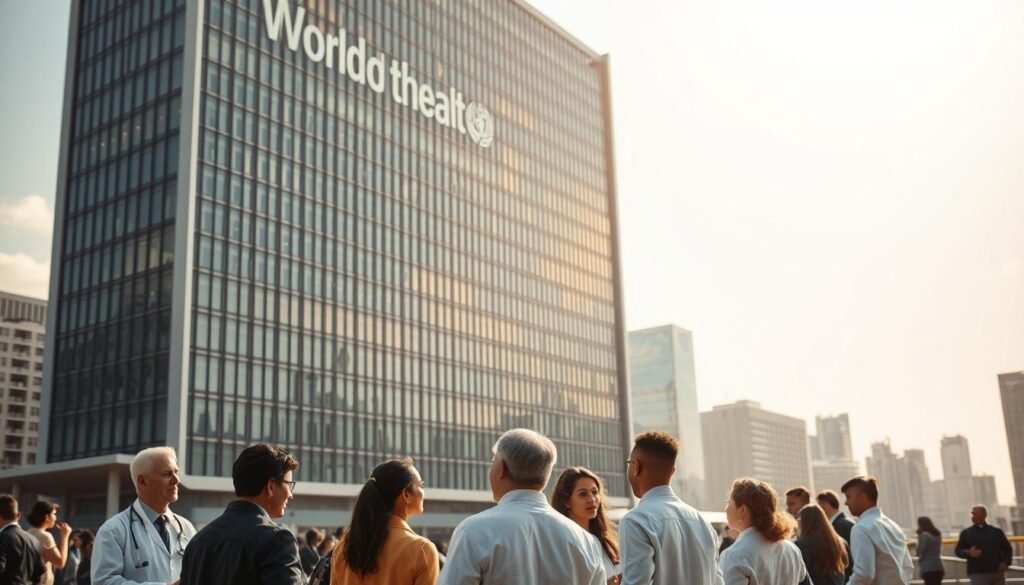 A vast, modern headquarters of the World Health Organization, standing tall and imposing against a backdrop of a bustling, cosmopolitan cityscape. The building is constructed of gleaming glass and steel, with a sleek, minimalist design that conveys a sense of authority and global influence. Sunlight streams through the windows, casting a warm, inviting glow over the scene. In the foreground, a group of diverse individuals - doctors, researchers, and policymakers - engage in a thoughtful discussion, their expressions reflecting a sense of purpose and dedication to improving global health. The overall atmosphere is one of collaboration, innovation, and a unwavering commitment to safeguarding the well-being of people worldwide.