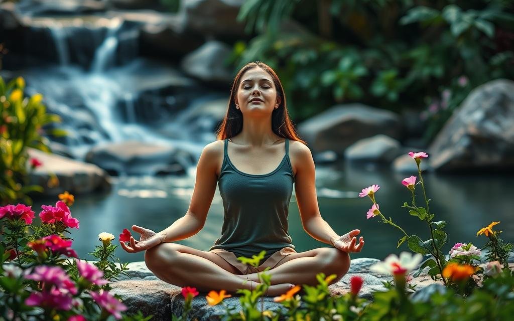 Prompt A tranquil scene of a person sitting in a serene garden, surrounded by lush greenery and vibrant flowers. The individual is in a meditative pose, eyes closed, radiating an aura of inner peace and emotional well-being. Soft, diffused lighting casts a warm glow, creating a calming atmosphere. In the background, a gentle waterfall cascades over smooth rocks, its soothing sounds adding to the sense of relaxation. The composition emphasizes the harmony between the person and their natural surroundings, conveying the idea of emotional balance and rejuvenation.